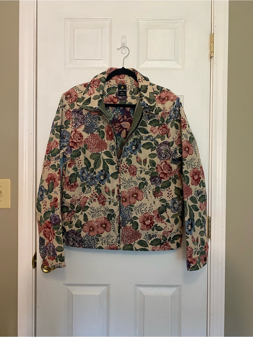 Lark & Owl Floral Tapestry Type Bomber Jacket - Beige with Multicolor Blooms Med
